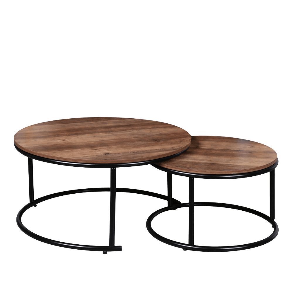 Set tables basses, 2 pces aspect bois/métal, D 57 & D 77 cm
