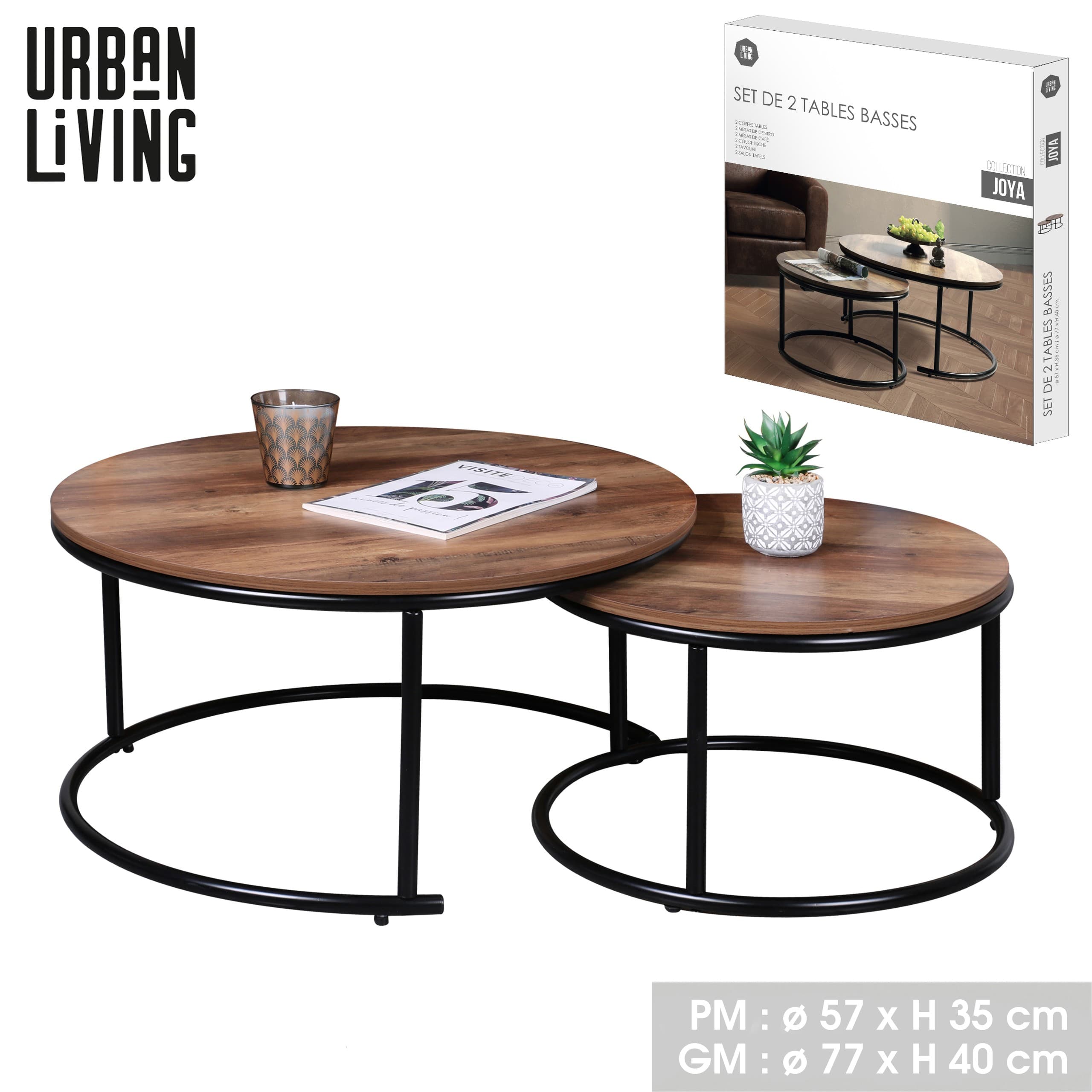 Couchtisch-Set, 2er Holzoptik/Metall, D 57 & D 77 cm — 2