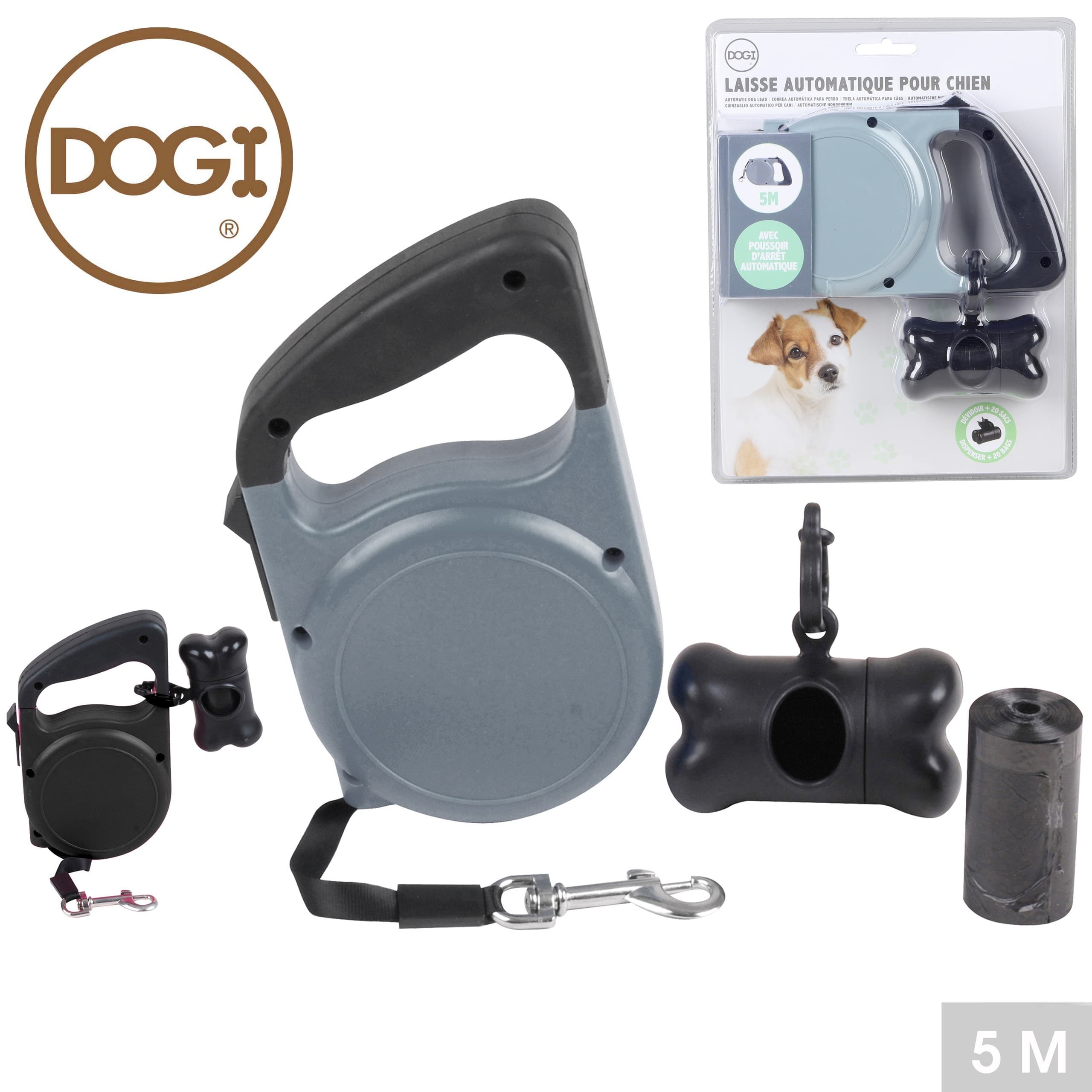 Dogi Automatik-Hundeleine mit 5 m Leine, Schwarz — 2