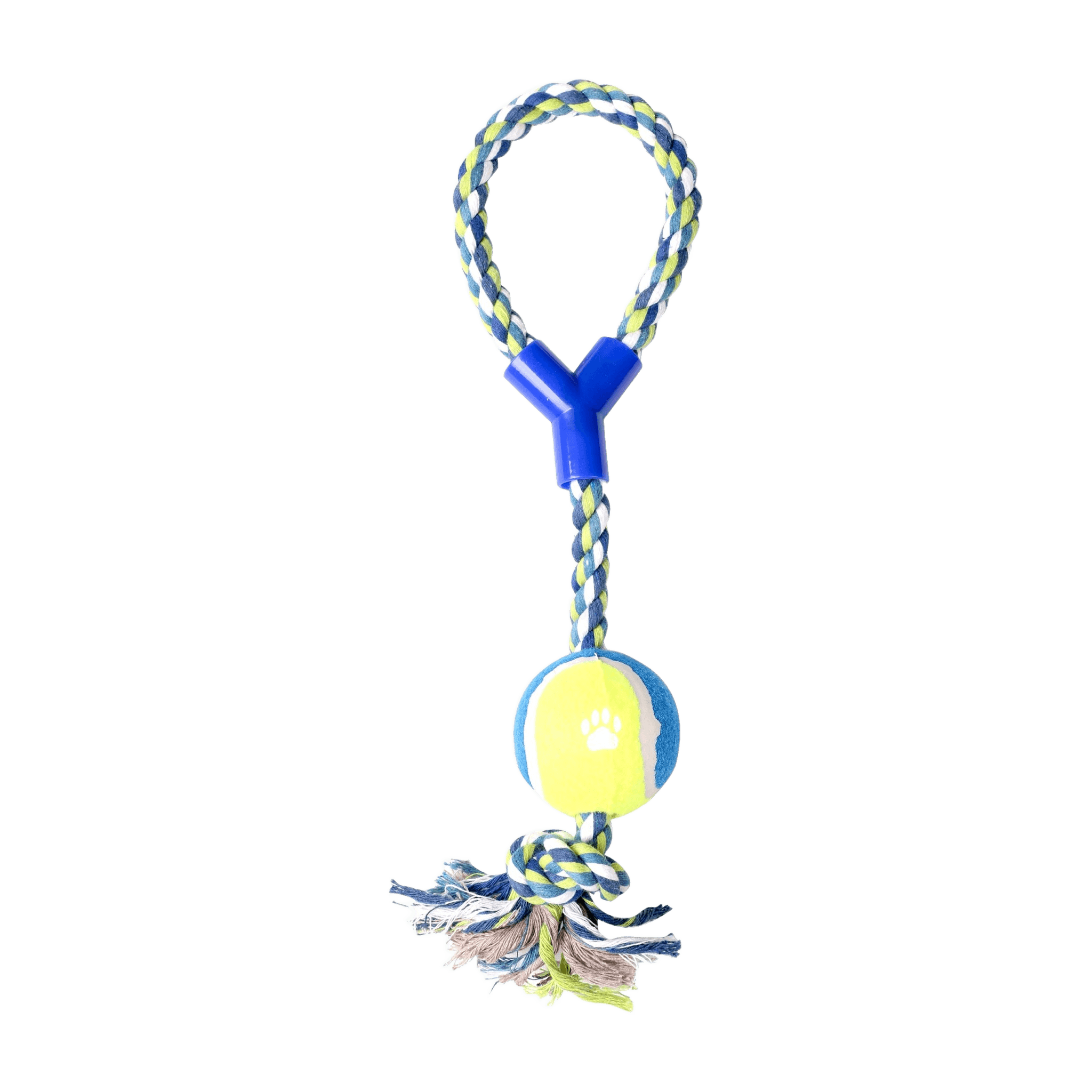 Dogi Rope Dog Toy with Y-Handle and Tennis Ball, Blue