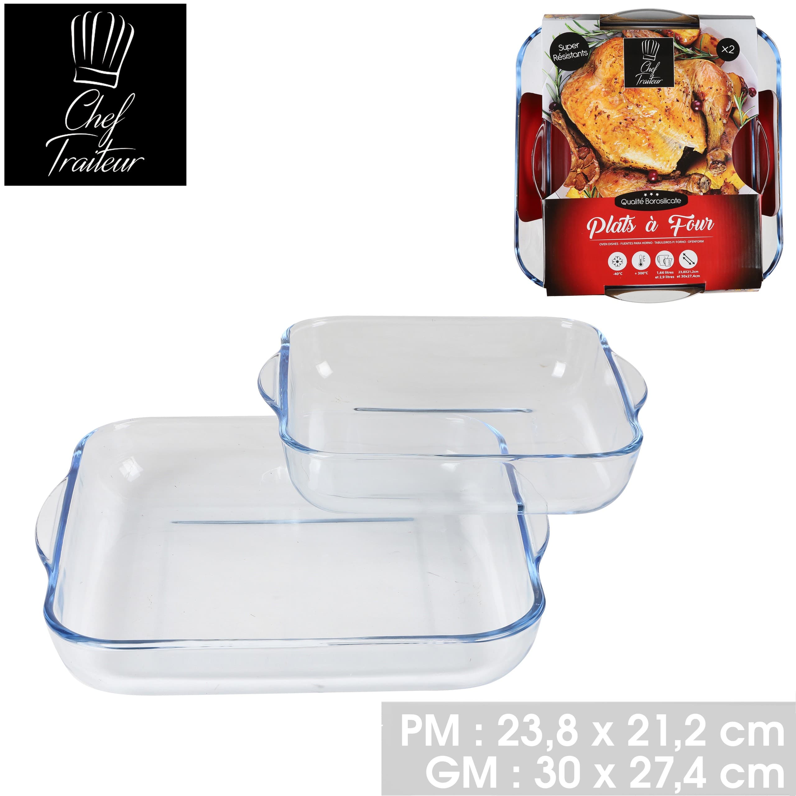 2 rechteckige Auflaufformen aus Borosilikatglas, 23,8 × 21,2 cm und 30 × 27,4 cm — 2