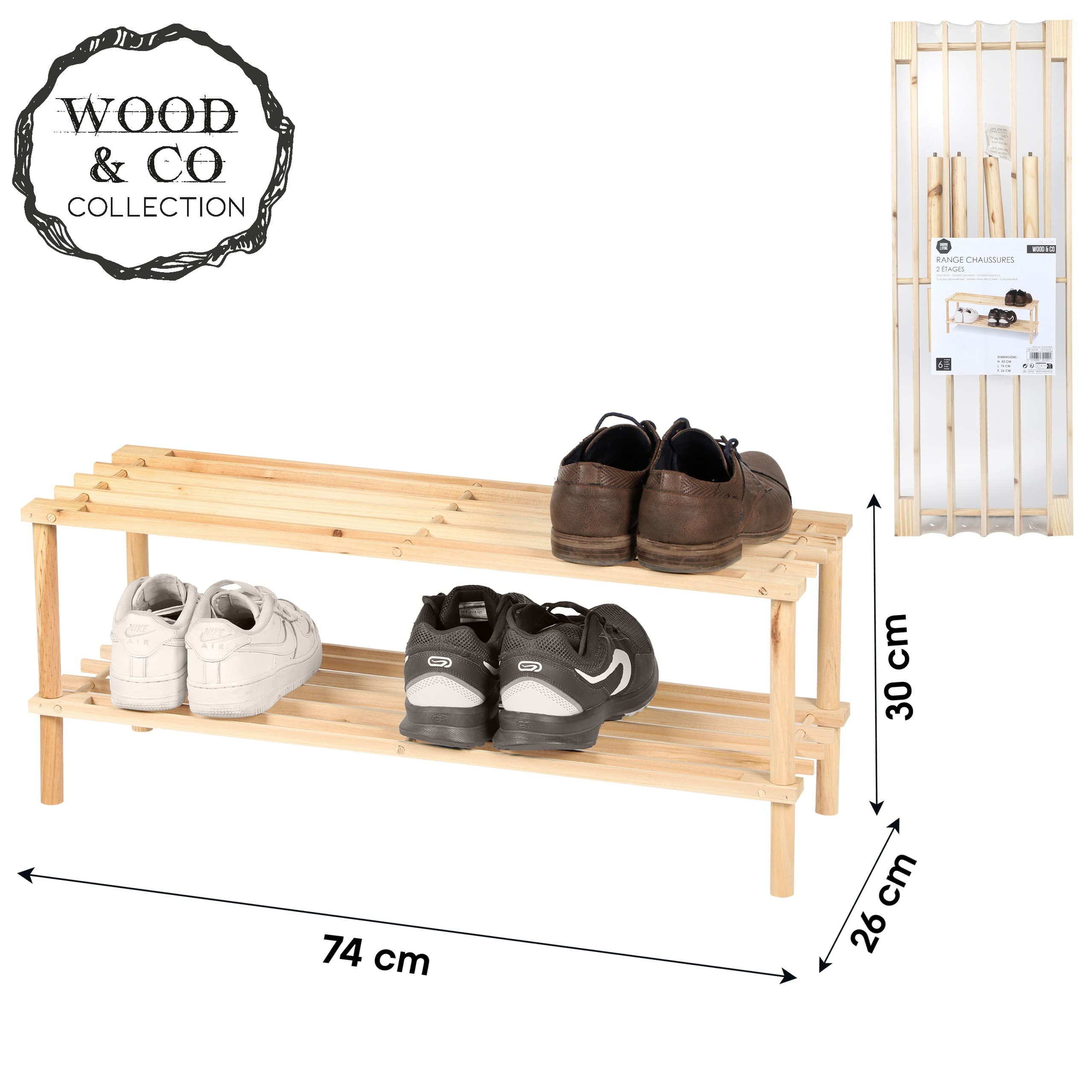 Kompaktes 2-stöckiges Schuhregal, Naturholz, 74 × 30 cm — 2