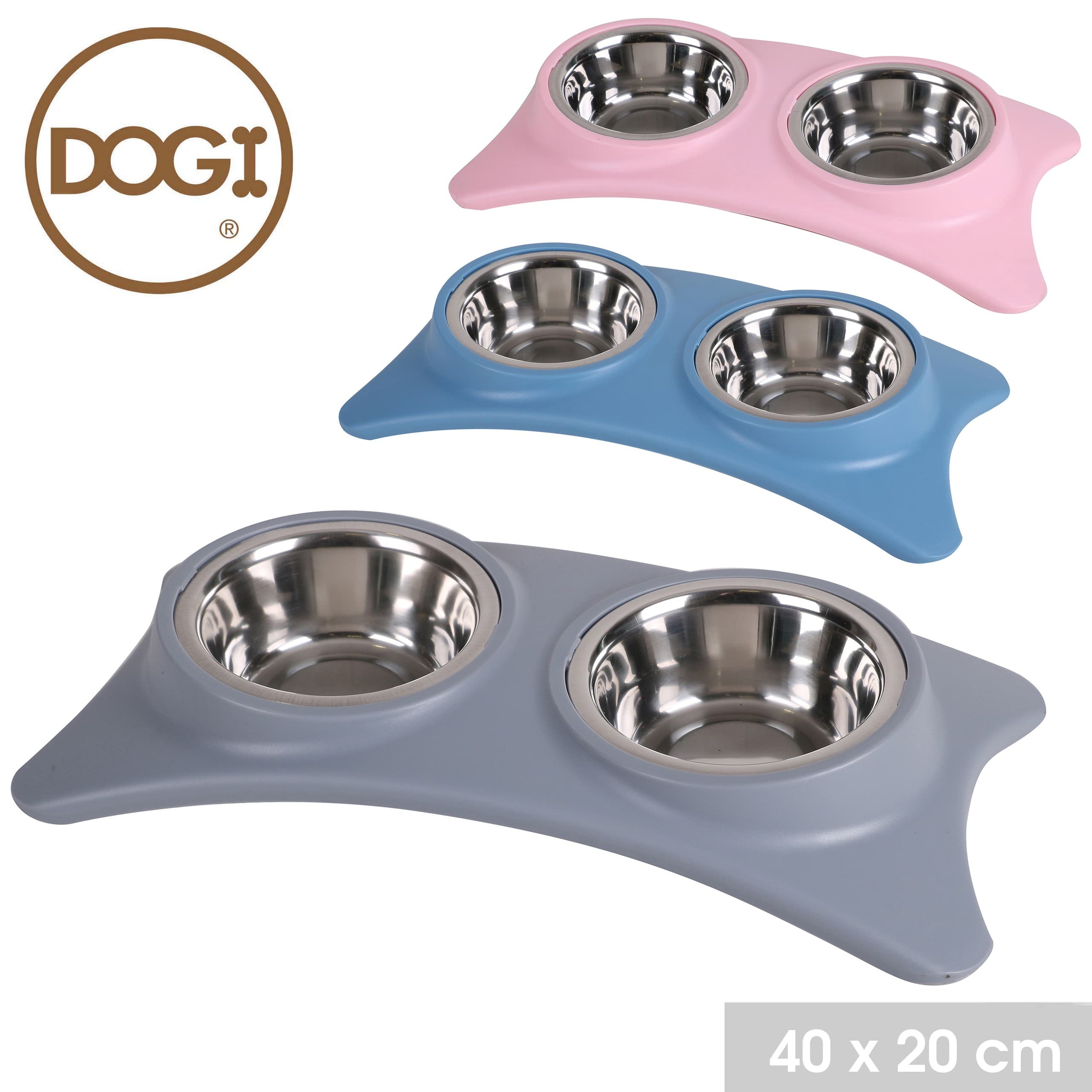 Dogi Doppelter Hundenapf mit Unterlage, Edelstahl, Rosa — 2