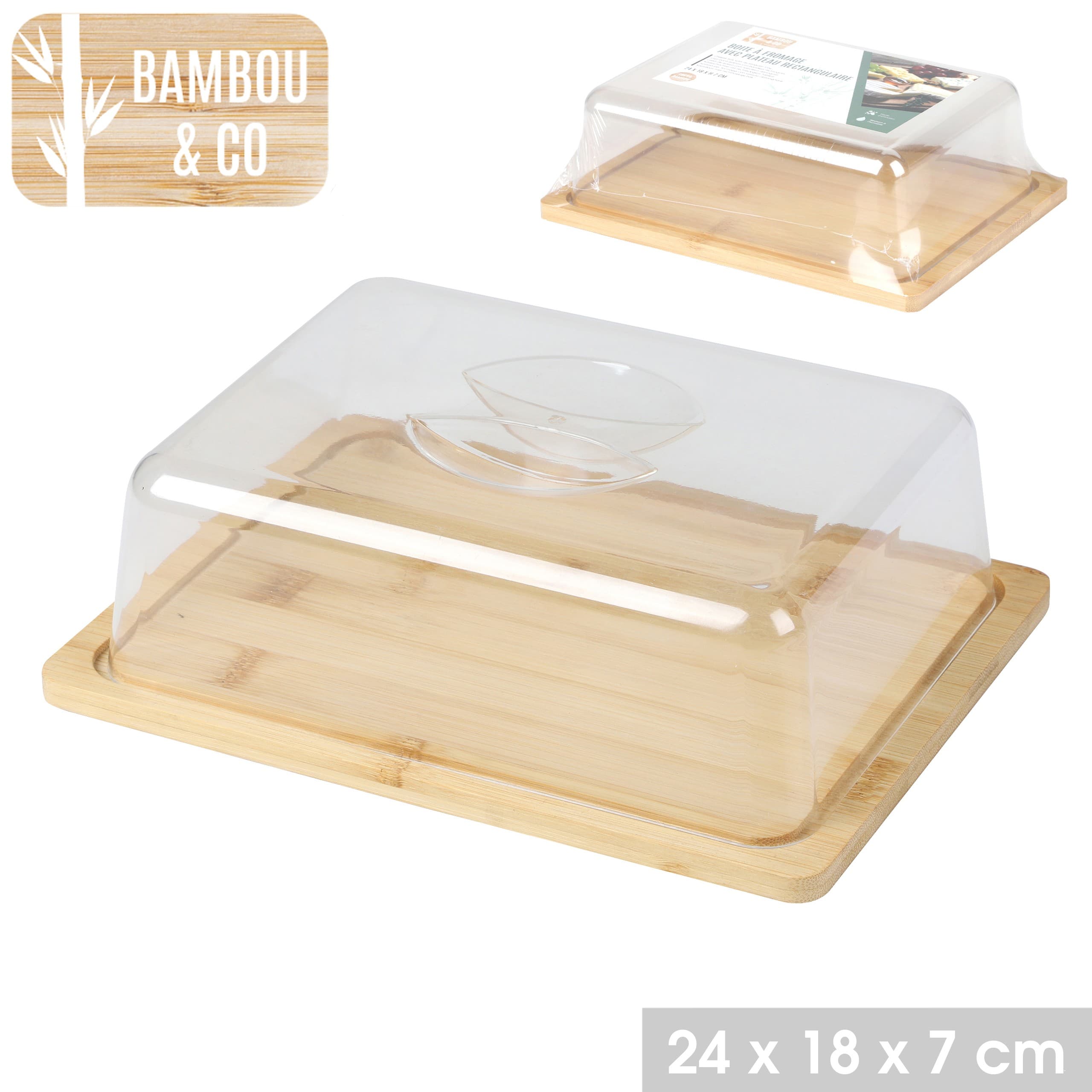 Käsebox aus Bambus mit Tablett, rechteckig 24 x 18 x 7 cm — 2