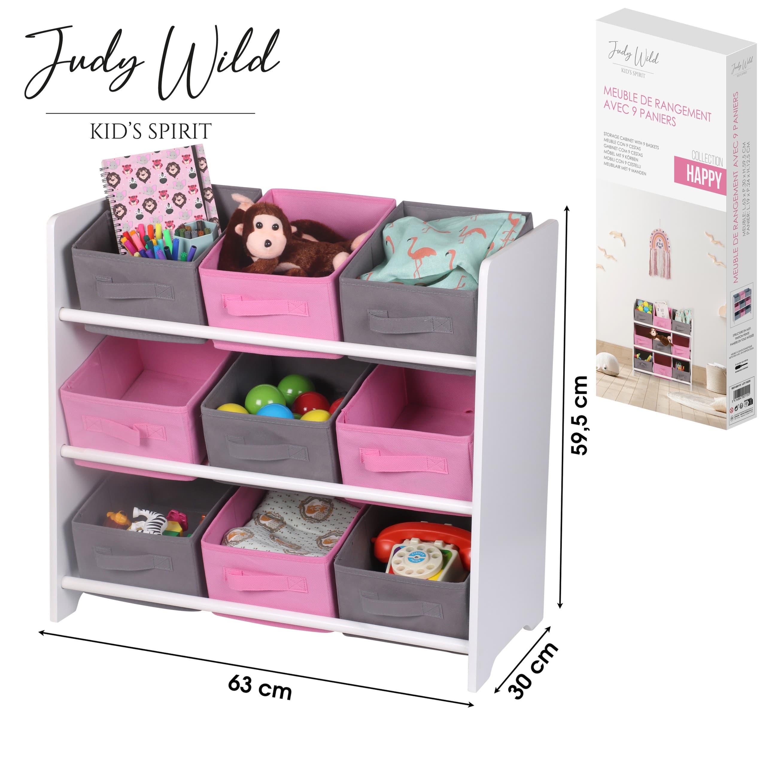 Kinderschrank mit 9 Vlieskörben, Rosa/Grau — 2