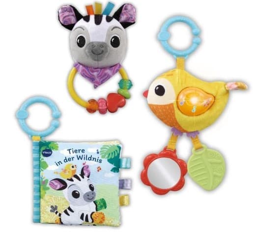 Baby Tierfreunde Geschenkset – 3-tlg. Stoffbuch, Vogel & Rassel