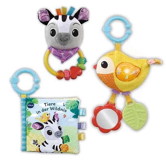 Baby Tierfreunde Geschenkset – 3-tlg. Stoffbuch, Vogel & Rassel