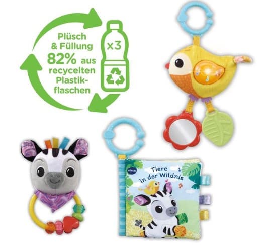 Baby Tierfreunde Geschenkset – 3-tlg. Stoffbuch, Vogel & Rassel — 3
