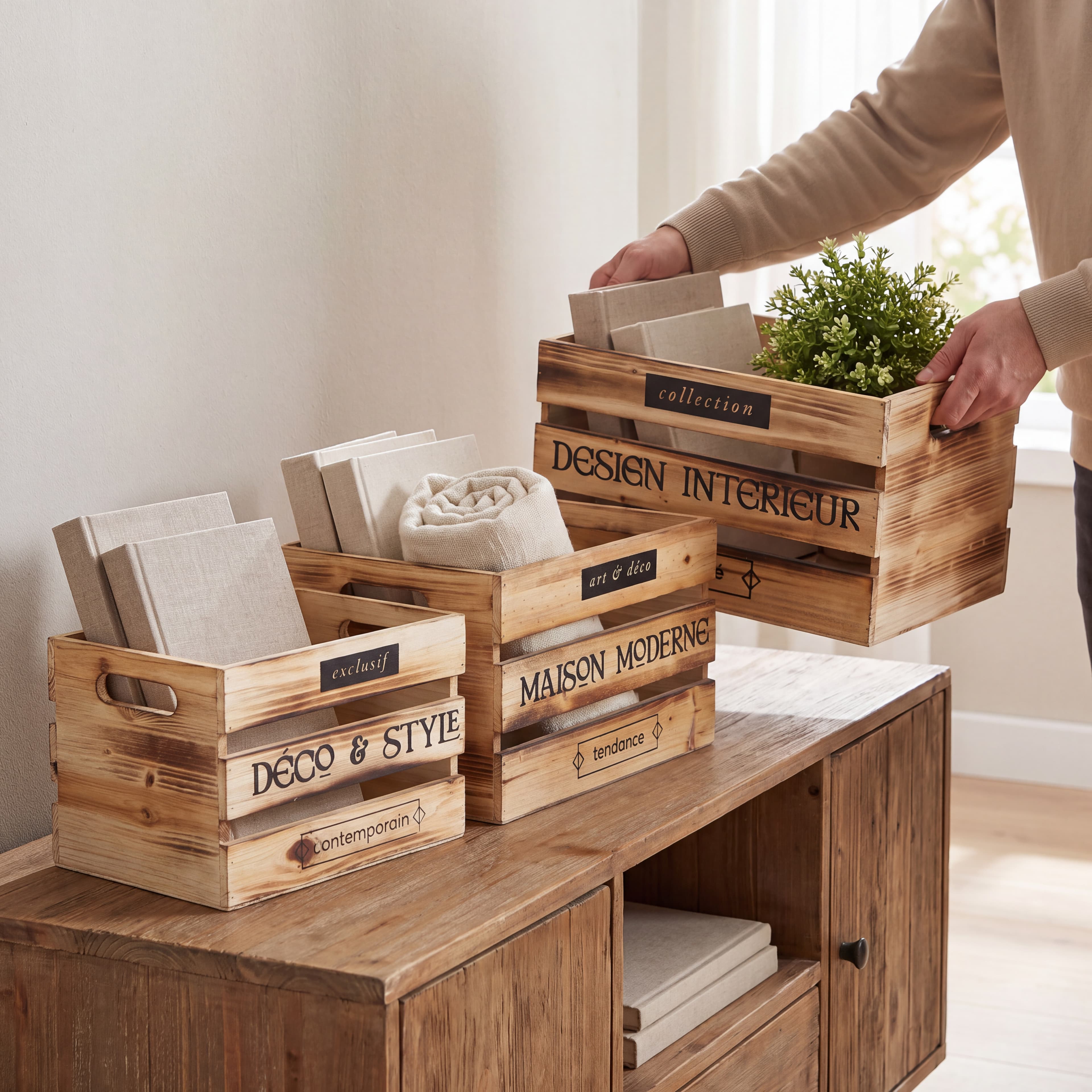 Holzkisten im Set, 3 verschiedene Höhen — 2