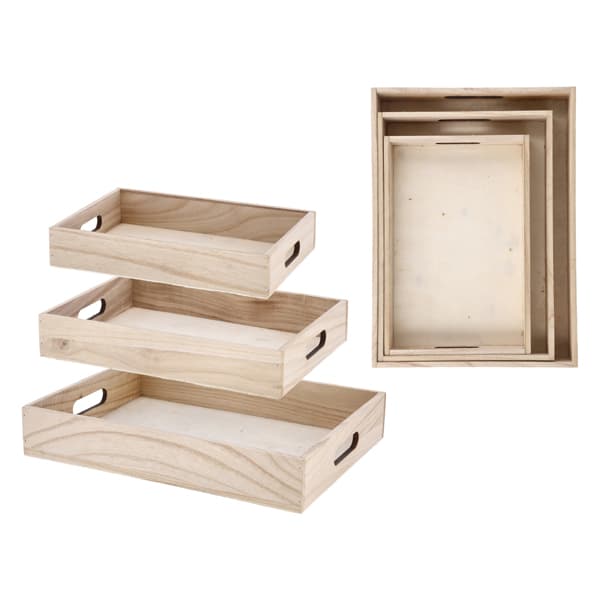 3-teiliges Serviertablett-Set aus Paulowniaholz, natur
