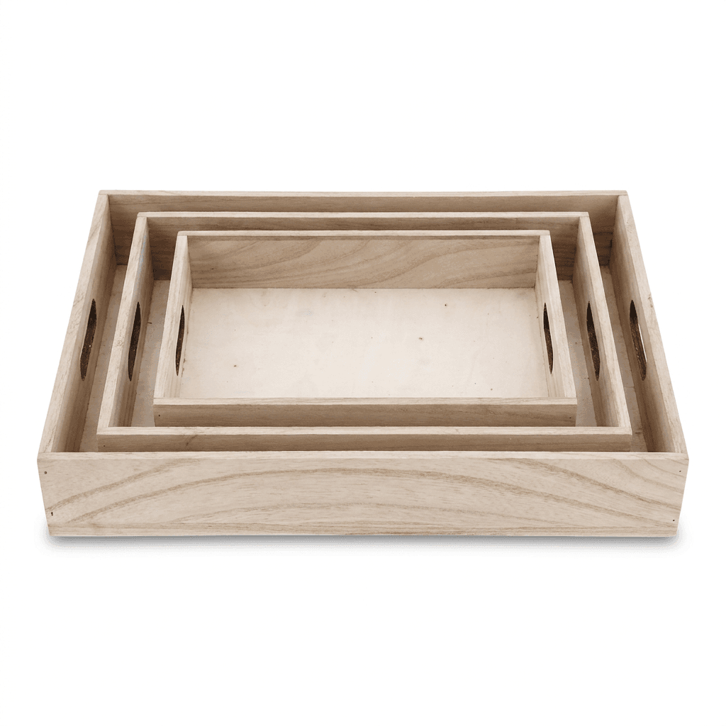 3-teiliges Serviertablett-Set aus Paulowniaholz, natur