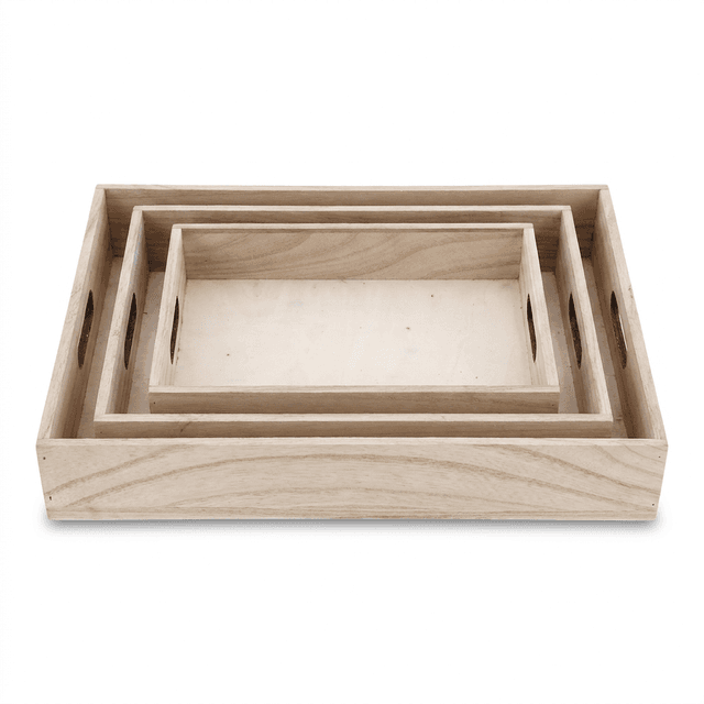 3-teiliges Serviertablett-Set aus Paulowniaholz, natur