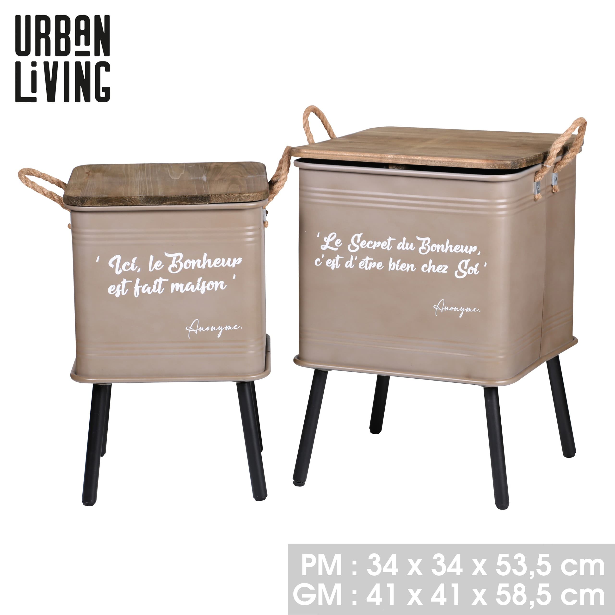 2er-Set Beistelltische mit Stauraum, Taupe-Seilgriffe — 2