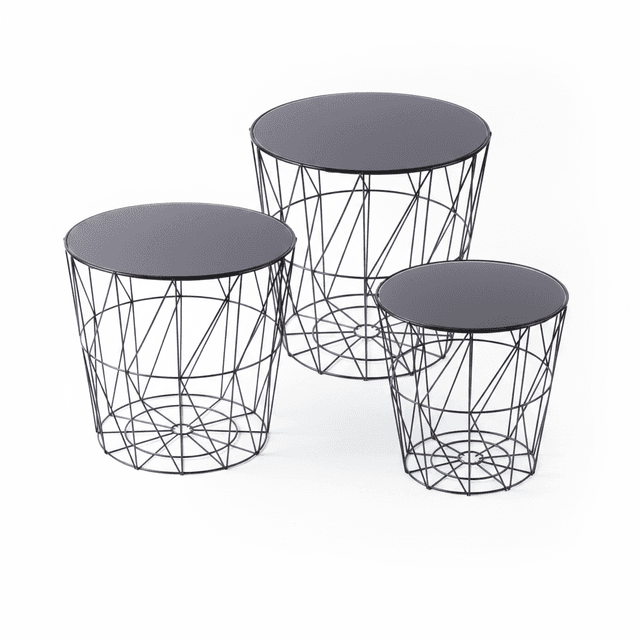 3er-Set Cocktail-Beistelltische, schwarzer Metallrahmen