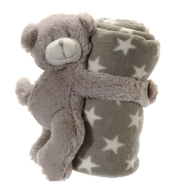 Babydecke mit Kuschelbär, grau mit Sternen, 75x75 cm