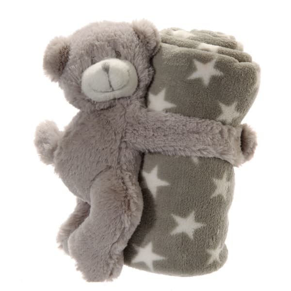 Babydecke mit Kuschelbär, grau mit Sternen, 75 × 75 cm