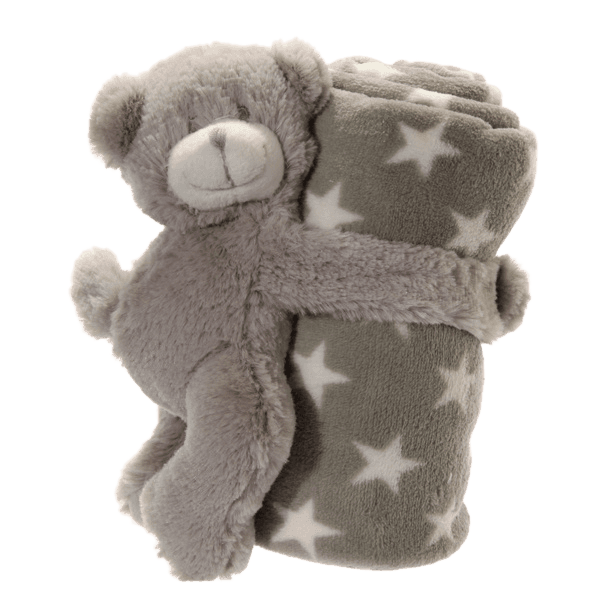 Babydecke mit Kuschelbär, grau mit Sternen, 75 × 75 cm