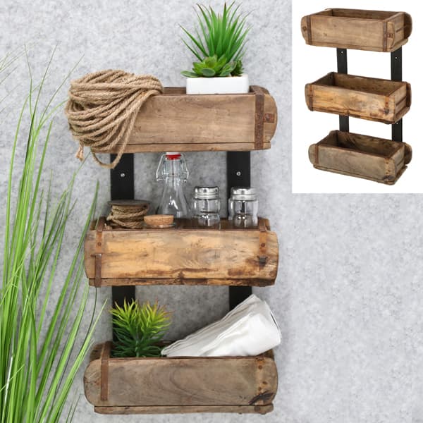 Wandregal Ziegelform – Altholz und Eisen, B 31 cm