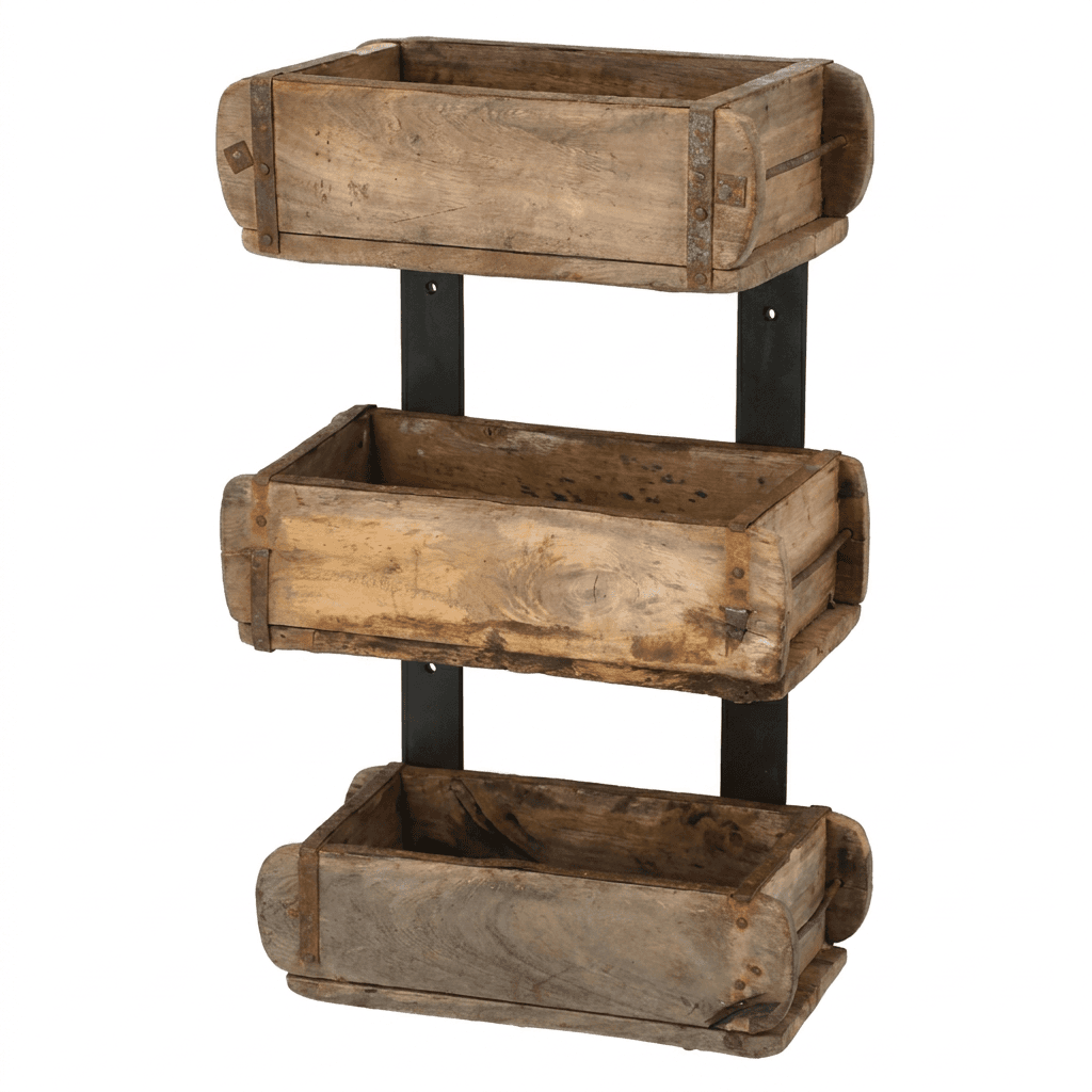 Wandregal Ziegelform – Altholz und Eisen, B 31 cm