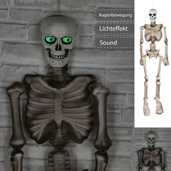 Animiertes Halloween-Skelett mit Leuchtaugen & Sound, 160 cm