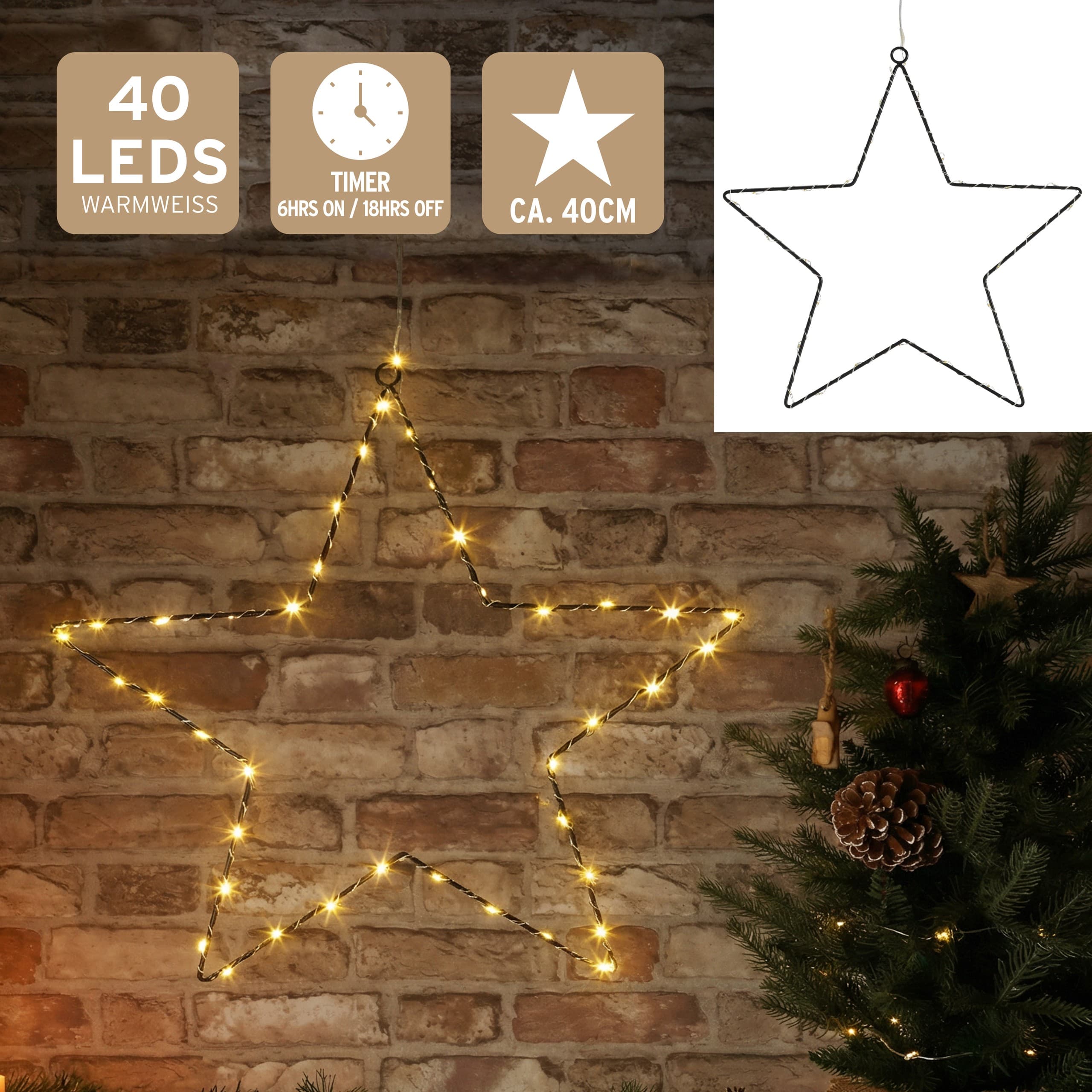LED-Stern Schwarz, warmweiss, mit Timer, 40 cm — 2