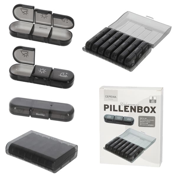 Wochen-Pillenbox mit Tagesfächern, 7 Boxen schwarz