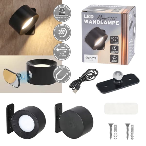 LED Wandleuchte Magnet, 360° schwenkbar, schwarz