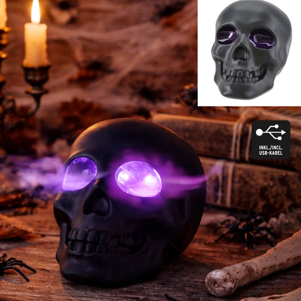 Dampfender Halloween Schädel mit Nebeleffekt, 11 cm