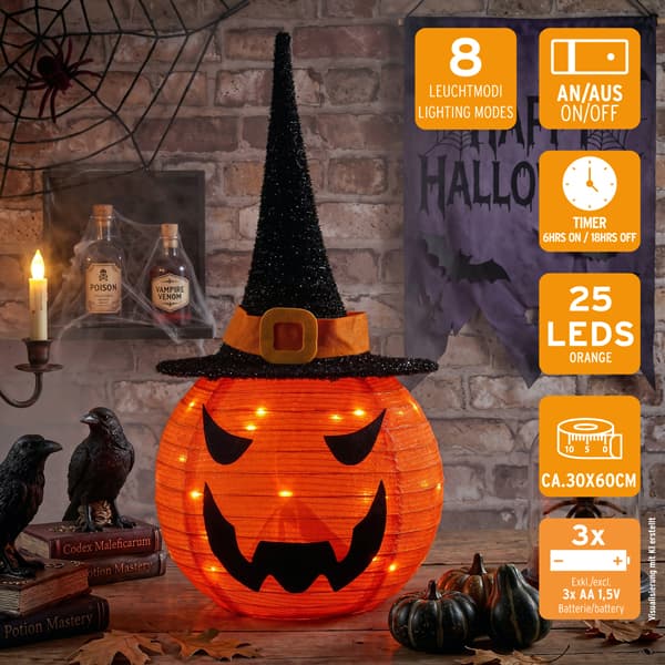 Halloween Hexen-Kürbis mit LED-Beleuchtung, 60 cm