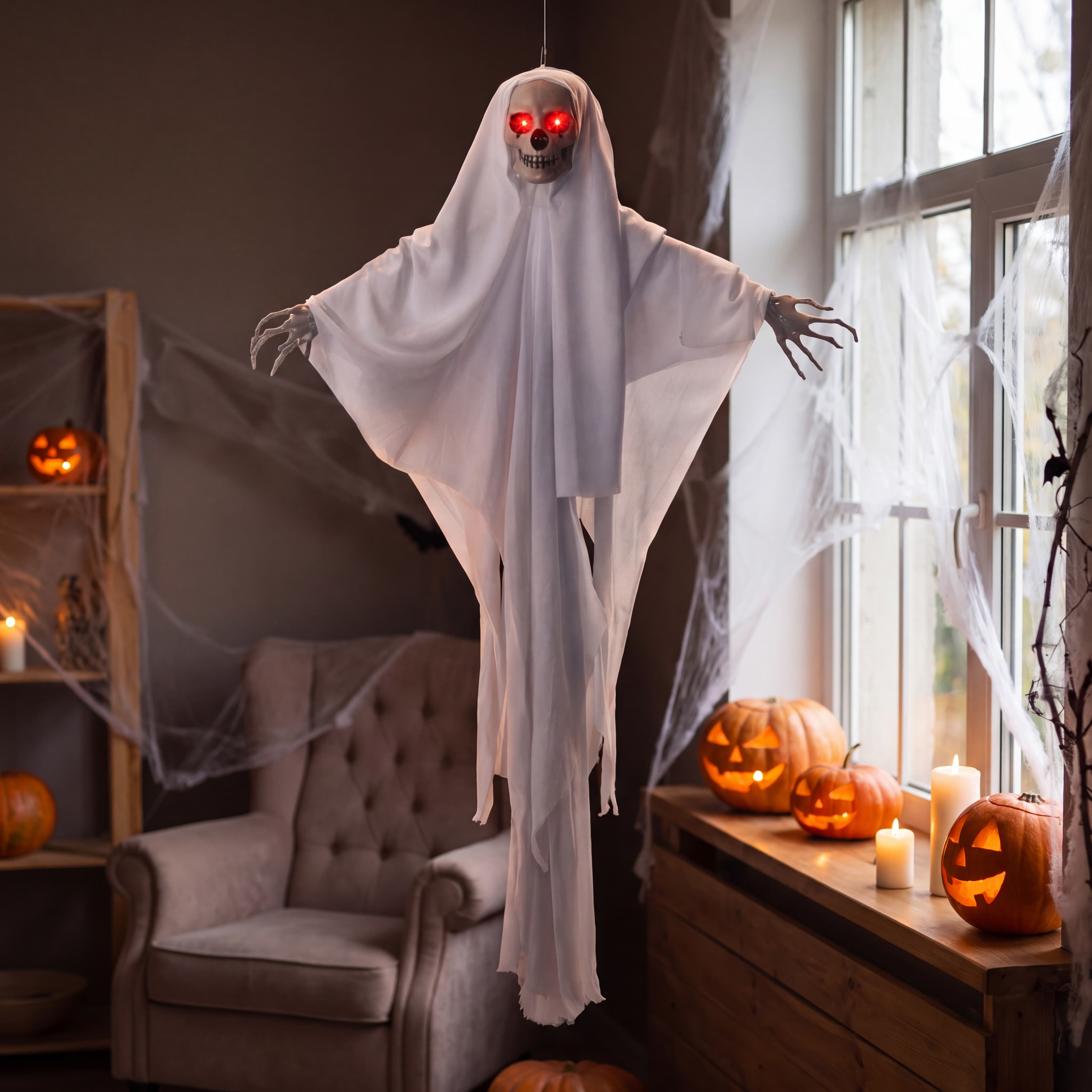 LED Hängedeko Totenkopf-Geist mit Sound, Weiss, 100 cm — 2